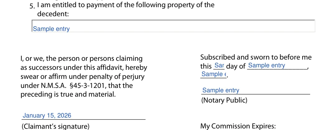 New Mexico small estate affidavit: decedent, filled with sample entries