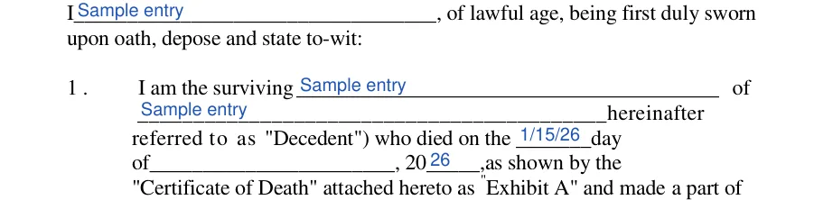 Oklahoma small estate affidavit: upon oath, depose and state to-wit, filled with sample entries