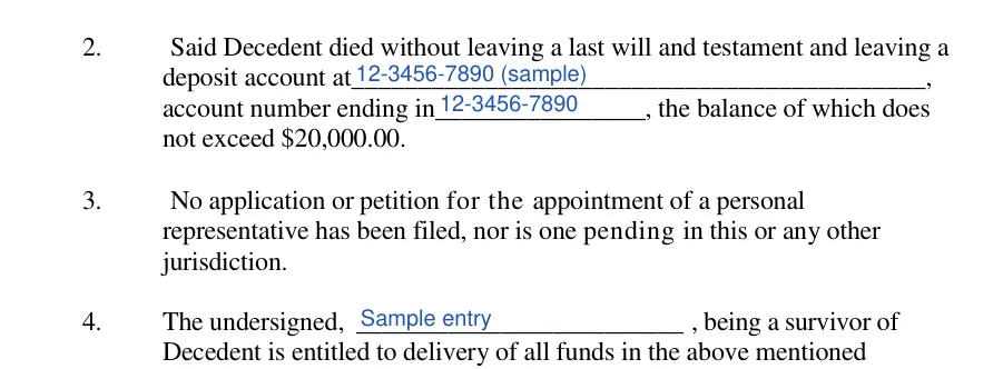 Oklahoma small estate affidavit: Deposit account at, Account number ending in, filled with sample entries