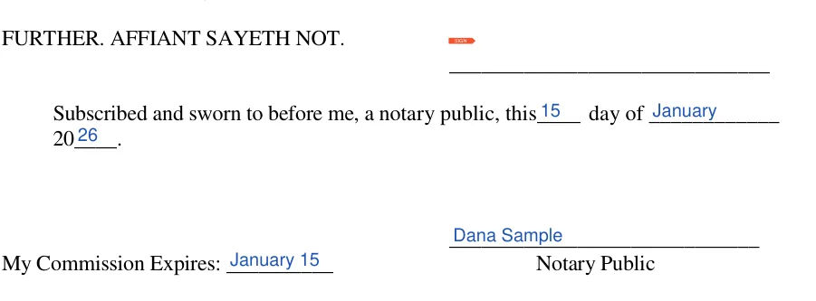 Oklahoma small estate affidavit: FURTHER. AFFIANT SAYETH NOT, filled with sample entries