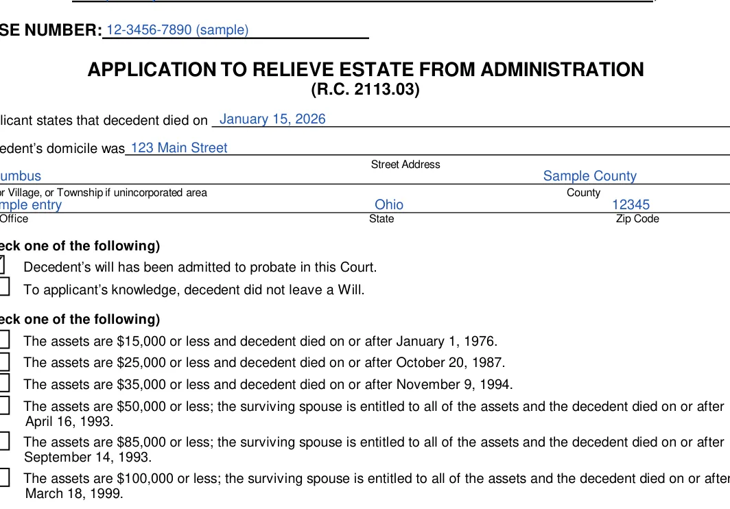 Ohio small estate affidavit: P1 d date, P1 d address and more, filled with sample entries