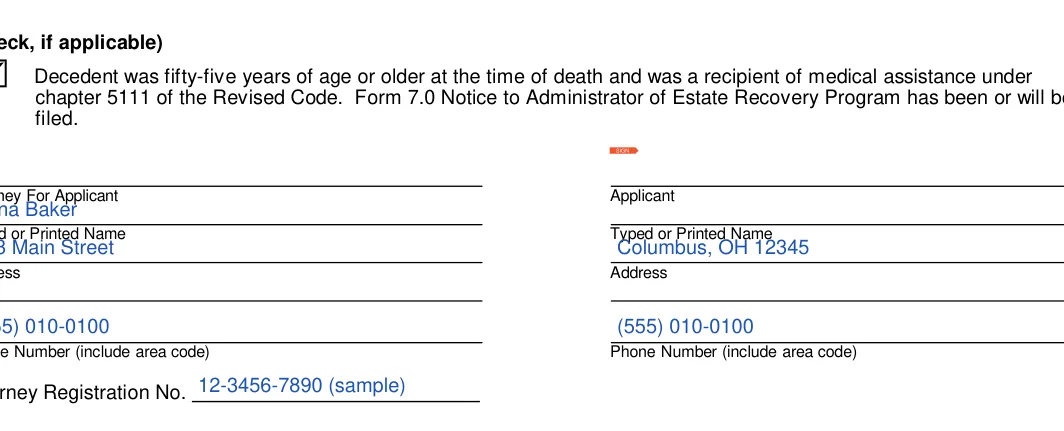 Ohio small estate affidavit: Check, Signature and more, filled with sample entries