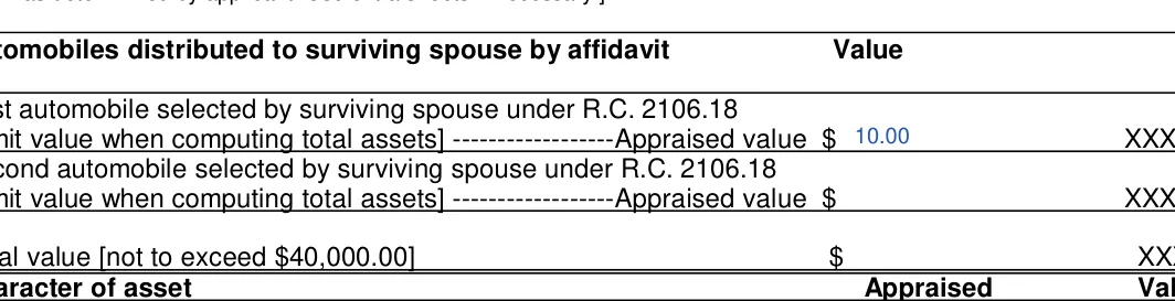 Ohio small estate affidavit: P5 value, P5 text, filled with sample entries
