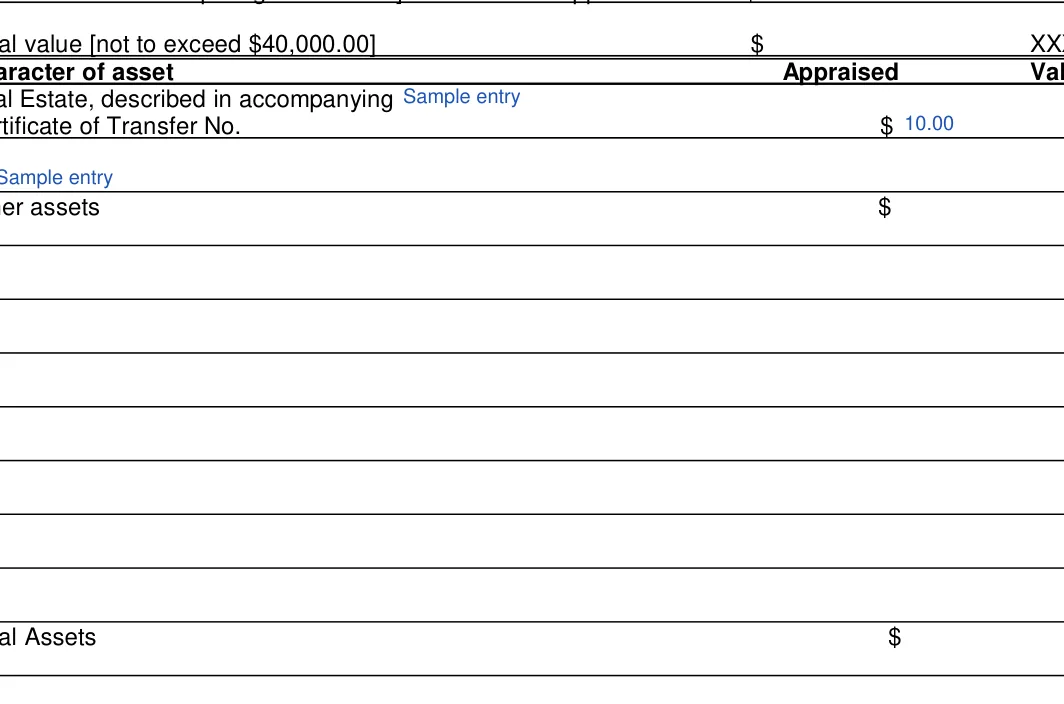 Ohio small estate affidavit: P5 text, P5 value, filled with sample entries