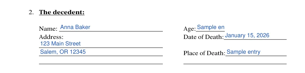 Oregon small estate affidavit: The decedent, filled with sample entries