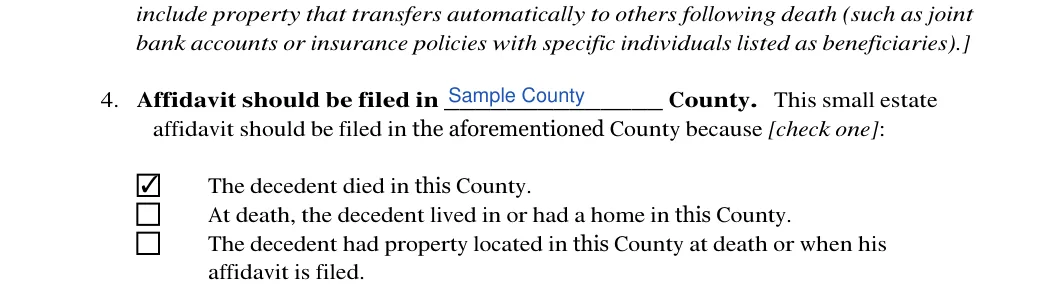 Oregon small estate affidavit: County, Check, filled with sample entries