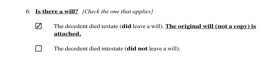 Oregon small estate affidavit: 6. Is there a will? [Check the one that applies], filled with sample entries