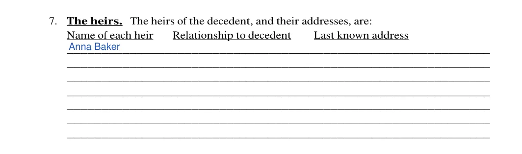 Oregon small estate affidavit: Name of each heir, filled with sample entries