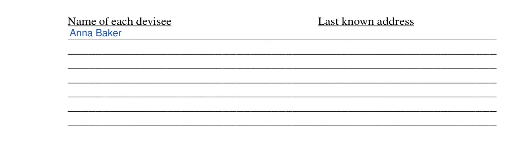 Oregon small estate affidavit: Name of each devisee, filled with sample entries