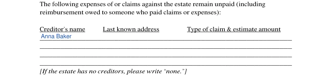 Oregon small estate affidavit: reimbursement owed to someone who paid claims or expenses), filled with sample entries