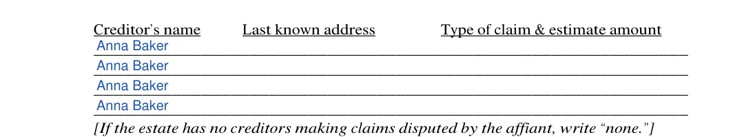 Oregon small estate affidavit: Creditors name 1, Creditors name 2 and more, filled with sample entries