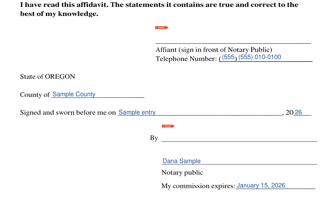 Oregon small estate affidavit: Affiant's signature, Telephone number area code and more, filled with sample entries