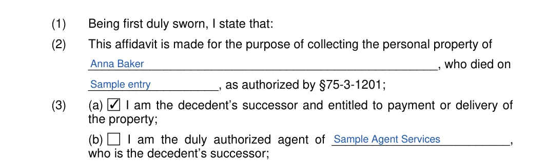 Utah small estate affidavit: Being first duly sworn, I state that, filled with sample entries