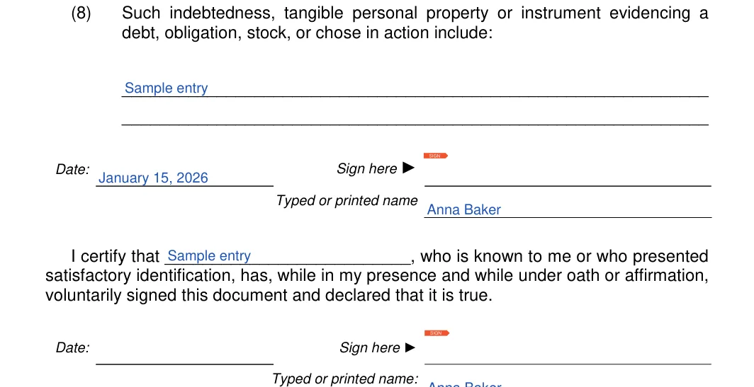 Utah small estate affidavit: debt, obligation, stock, or chose in action include, filled with sample entries