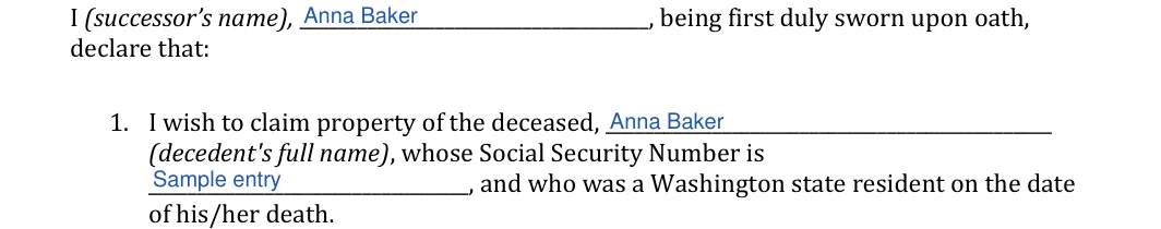 Washington small estate affidavit: declare that, filled with sample entries