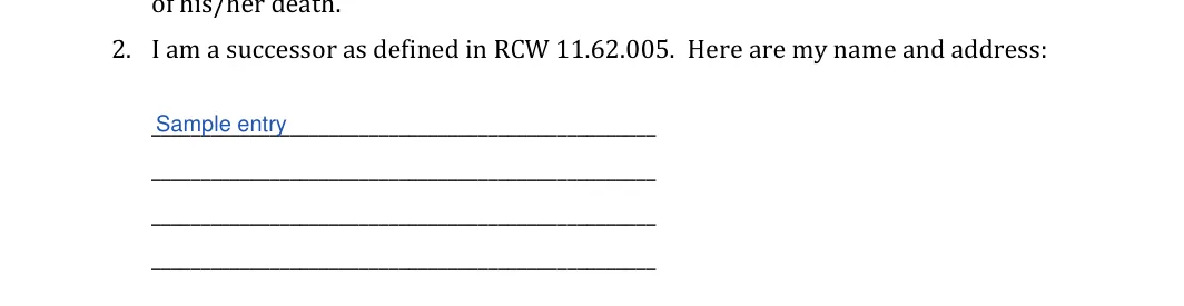 Washington small estate affidavit: Form fields, filled with sample entries
