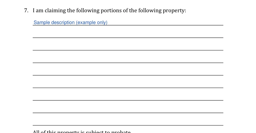 Washington small estate affidavit: I am claiming the following portions of the following property, filled with sample entries