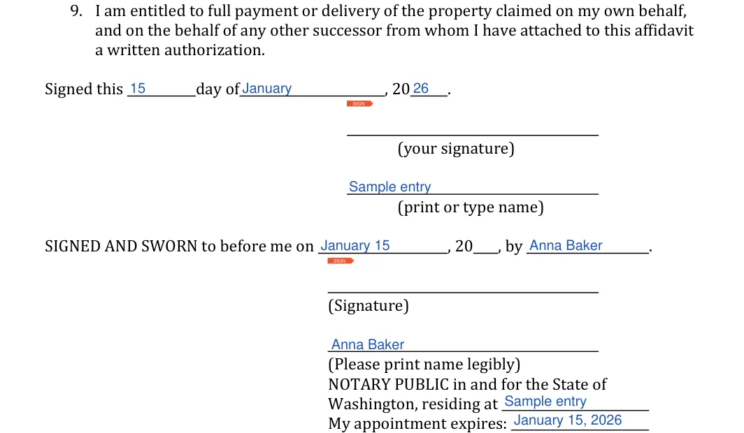 Washington small estate affidavit: Day, Month and more, filled with sample entries