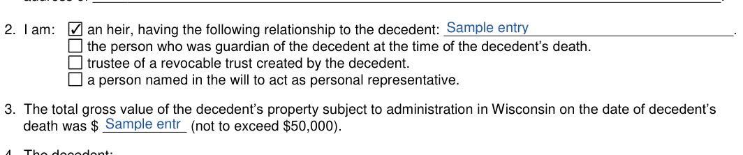 Wisconsin small estate affidavit: 2. I am, filled with sample entries