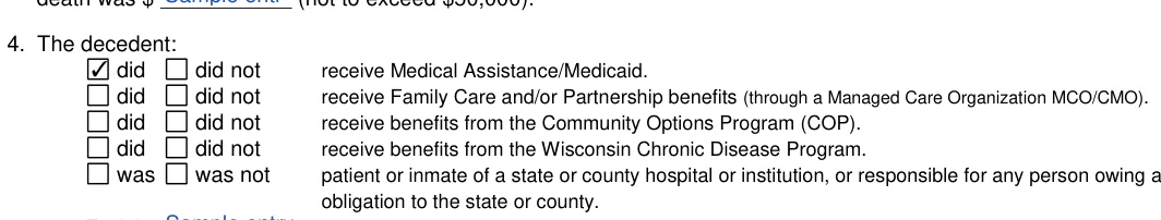 Wisconsin small estate affidavit: 4. The decedent, filled with sample entries