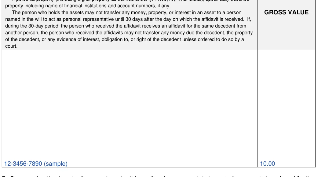 Wisconsin small estate affidavit: GROSS VALUE, filled with sample entries