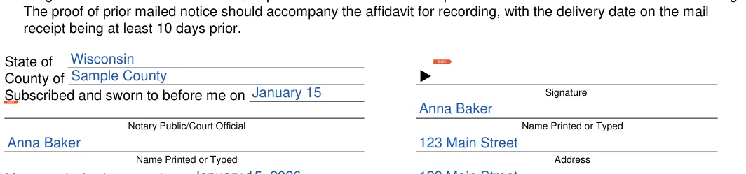 Wisconsin small estate affidavit: State, Signature and more, filled with sample entries