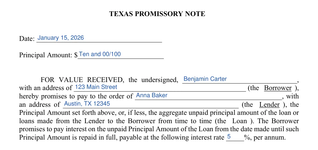 Texas promissory note: TE XAS PROMISSORY NOTE, filled with sample entries