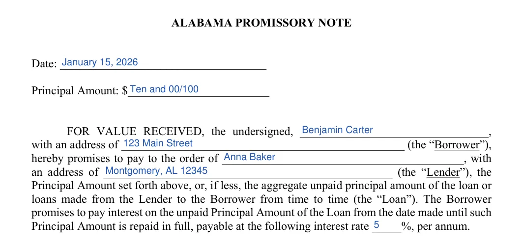 Alabama promissory note: ALABAMA PROMISSORY NOTE, filled with sample entries