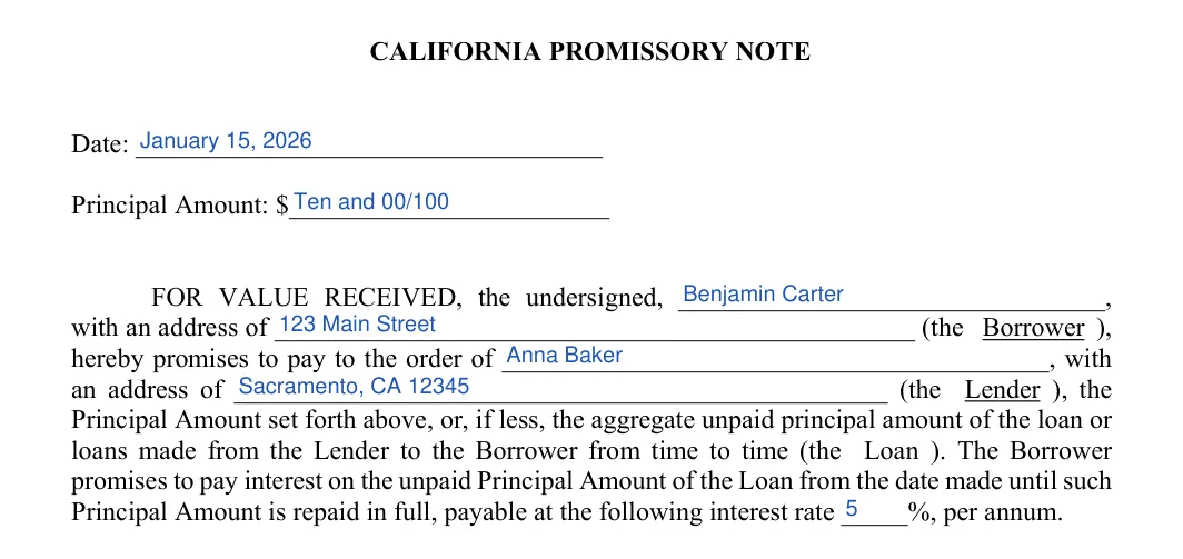 California promissory note: CALI FORNIA PROMISSORY NOTE, filled with sample entries