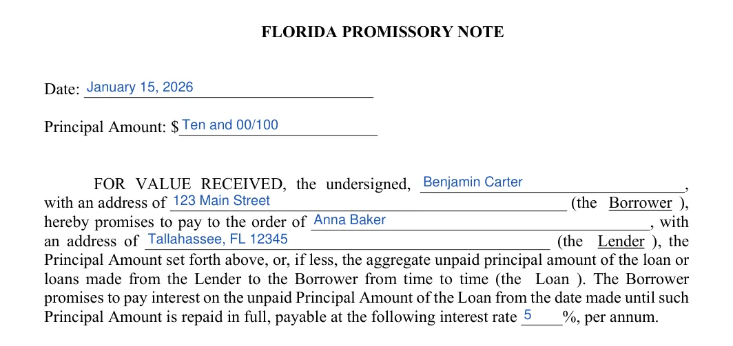 Florida promissory note: FLORIDA PROMISSORY NOTE, filled with sample entries