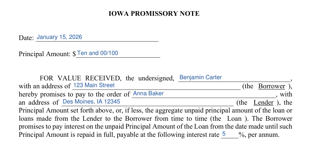 Iowa promissory note: IOWA PROMISSORY NOTE, filled with sample entries