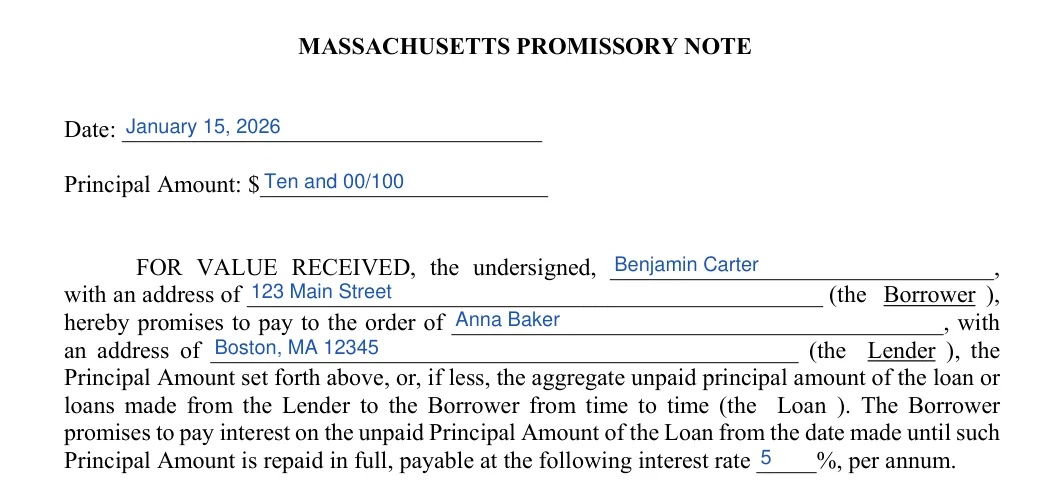 Massachusetts promissory note: MASSACH USETTS PROMISSORY NOTE, filled with sample entries