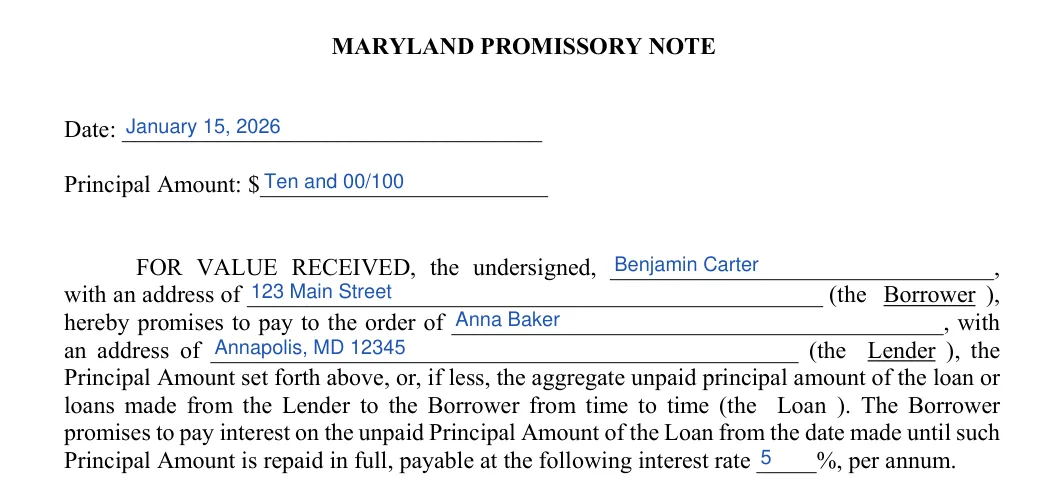 Maryland promissory note: MARYLAND PROMISSORY NOTE, filled with sample entries