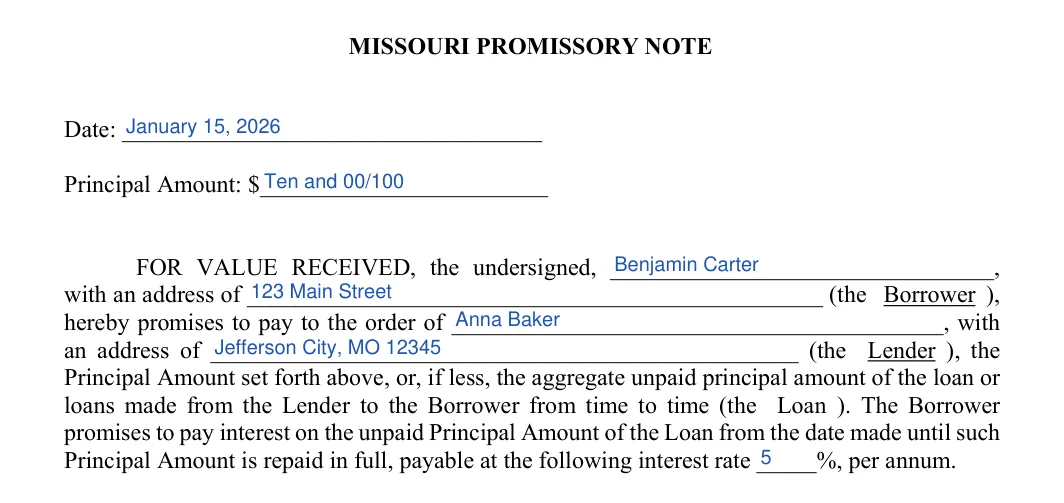 Missouri promissory note: MISSO URI PROMISSORY NOTE, filled with sample entries
