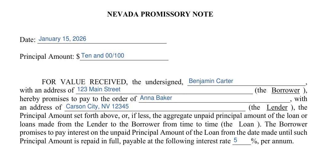 Nevada promissory note: NE VADA PROMISSORY NOTE, filled with sample entries