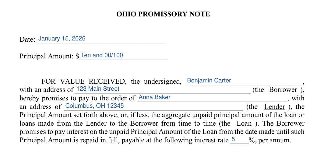 Ohio promissory note: O HIO PROMISSORY NOTE, filled with sample entries