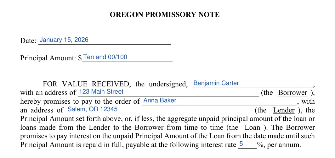 Oregon promissory note: ORE GON PROMISSORY NOTE, filled with sample entries