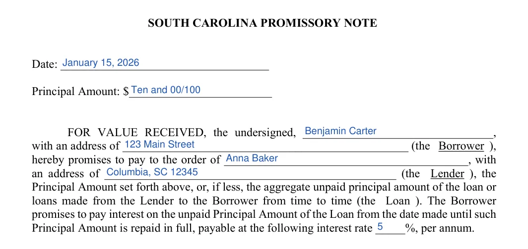 South Carolina promissory note: SO UTH CAROLINA PROMISSORY NOTE, filled with sample entries