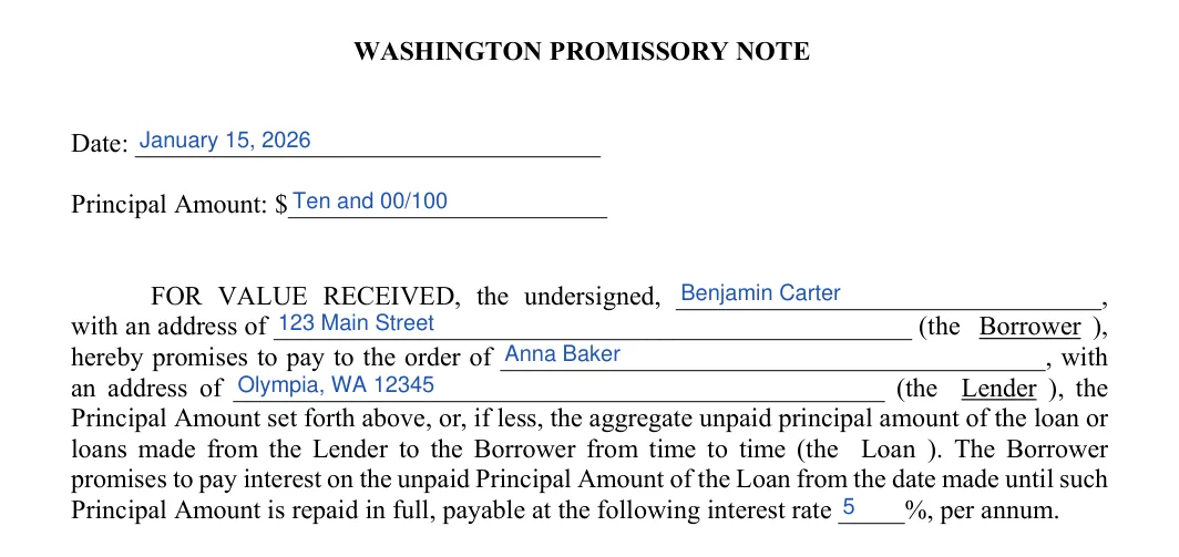 Washington promissory note: WASHIN GTON PROMISSORY NOTE, filled with sample entries