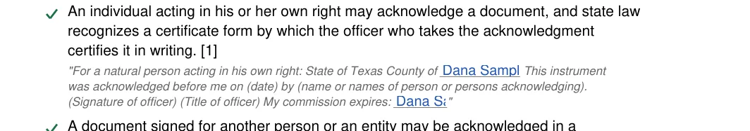 Texas notary acknowledgement: Notary acknowledgement tx.8.for a natural person acting in his own r, Notary acknowledgement tx.9.signature of officer title of officer my, filled with sample entries