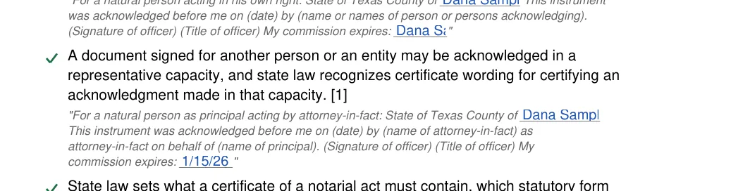 Texas notary acknowledgement: Notary acknowledgement tx.10.for a natural person as principal acting, Notary acknowledgement tx.11.commission expires, filled with sample entries