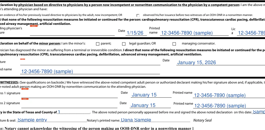 Texas DNR order: person's attending physician and have, filled with sample entries