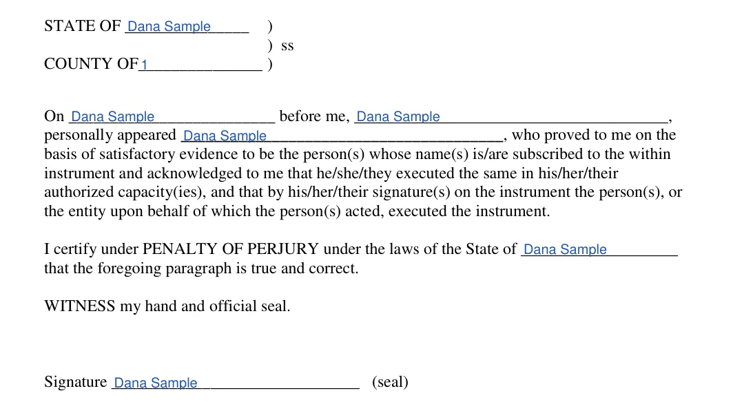 California notary acknowledgement: Notary acknowledgement ca.1.state of, Notary acknowledgement ca.2.county of and more, filled with sample entries