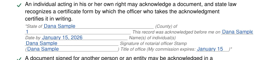 Arizona notary acknowledgement: Notary acknowledgement az.8.state of, Notary acknowledgement az.9.county of and more, filled with sample entries
