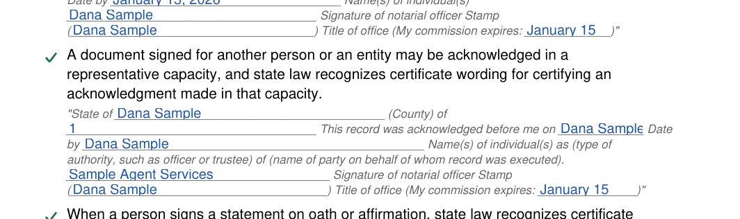 Arizona notary acknowledgement: Notary acknowledgement az.15.state of, Notary acknowledgement az.16.county of and more, filled with sample entries
