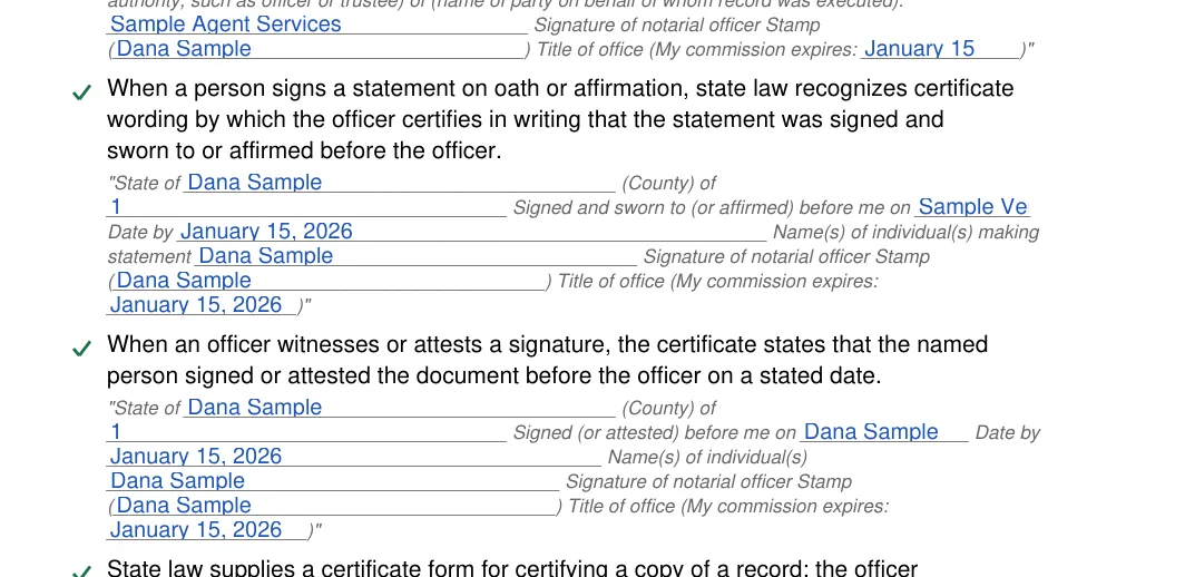 Arizona notary acknowledgement: Notary acknowledgement az.22.state of, Notary acknowledgement az.23.county of and more, filled with sample entries
