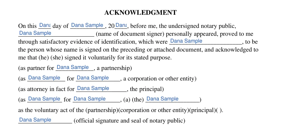 Massachusetts notary acknowledgement: ACKNOWLEDGMENT, filled with sample entries