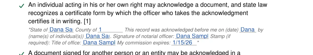 Oregon notary acknowledgement: Notary acknowledgement or.8.state of, Notary acknowledgement or.9.county of and more, filled with sample entries