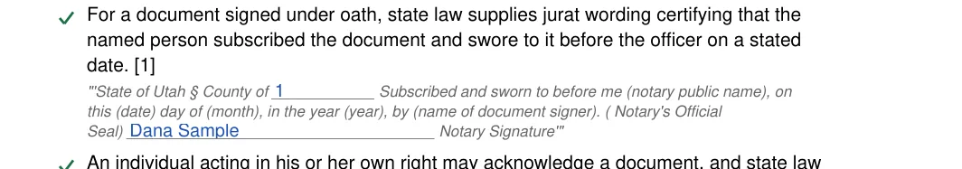 Utah notary acknowledgement: Notary acknowledgement ut.8.state of utah county of, Notary acknowledgement ut.9.seal, filled with sample entries
