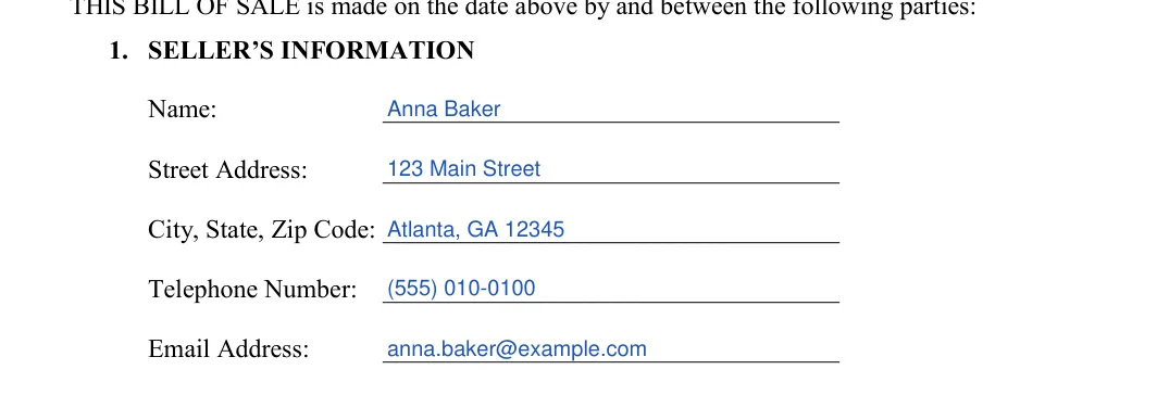 Georgia boat bill of sale: 1. SELLER’S INFORMATION, filled with sample entries